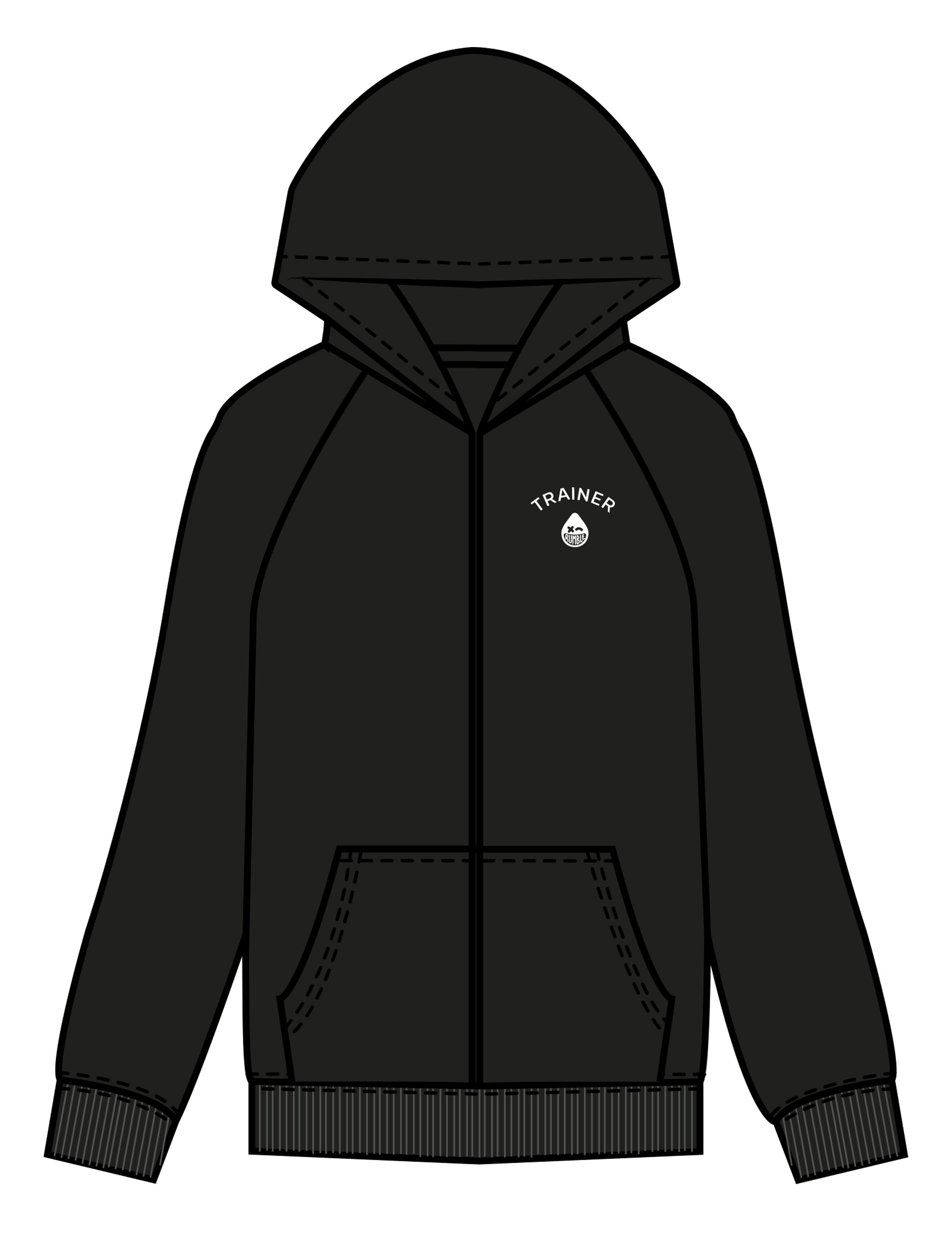 The Womens Zip Hoodie - Black - Rumble Trainer - Left Chest & Back Stacked - Printed - Full Color