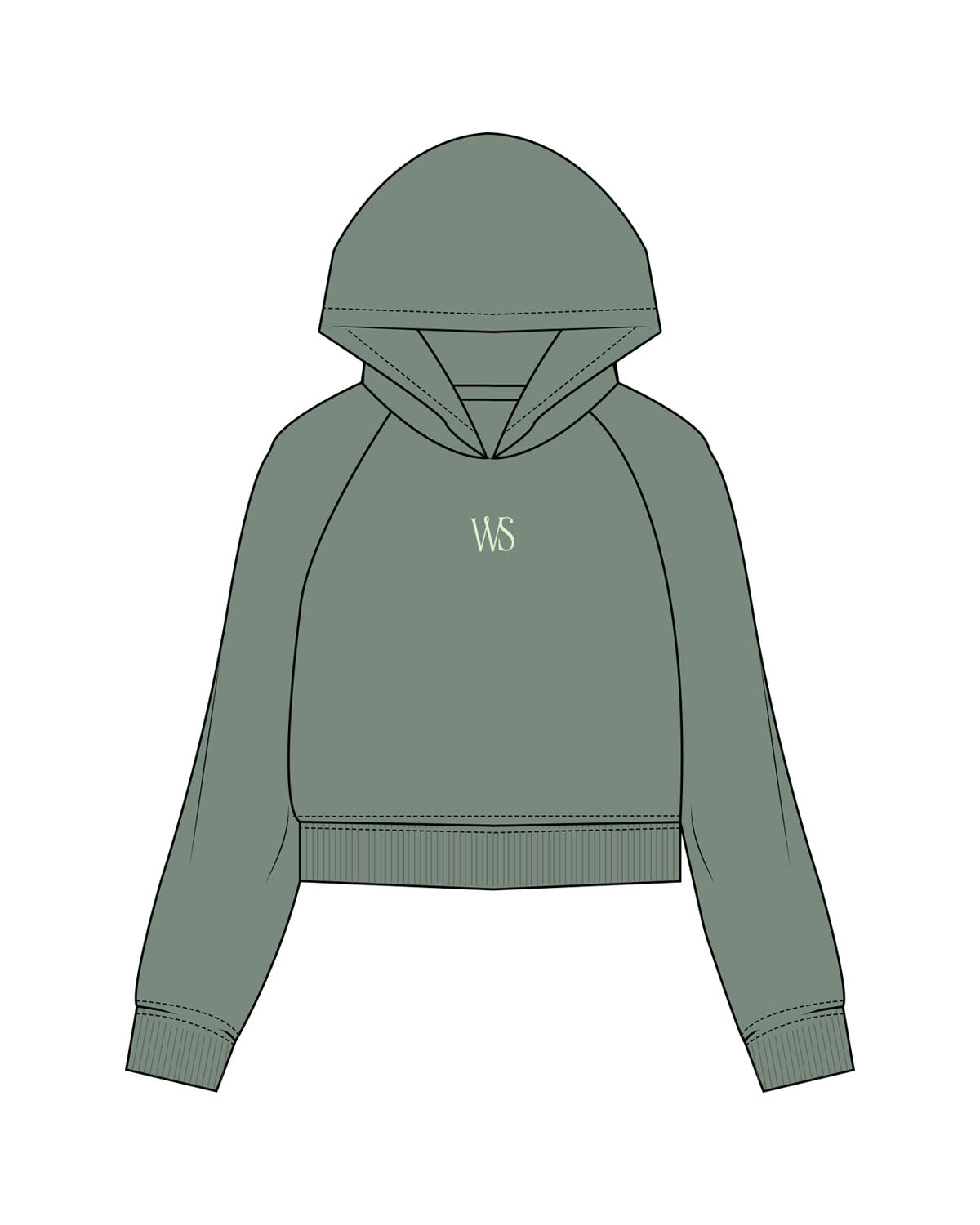 The Womens Lightweight Cropped Hoodie - Sage - Wellth Society - Chest "Acronym" - Printed - Neon