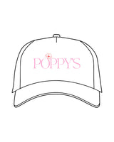 The 5 Panel Trucker Hat - White - Poppys Pilates - Center Crown - Embroidered - Full Color