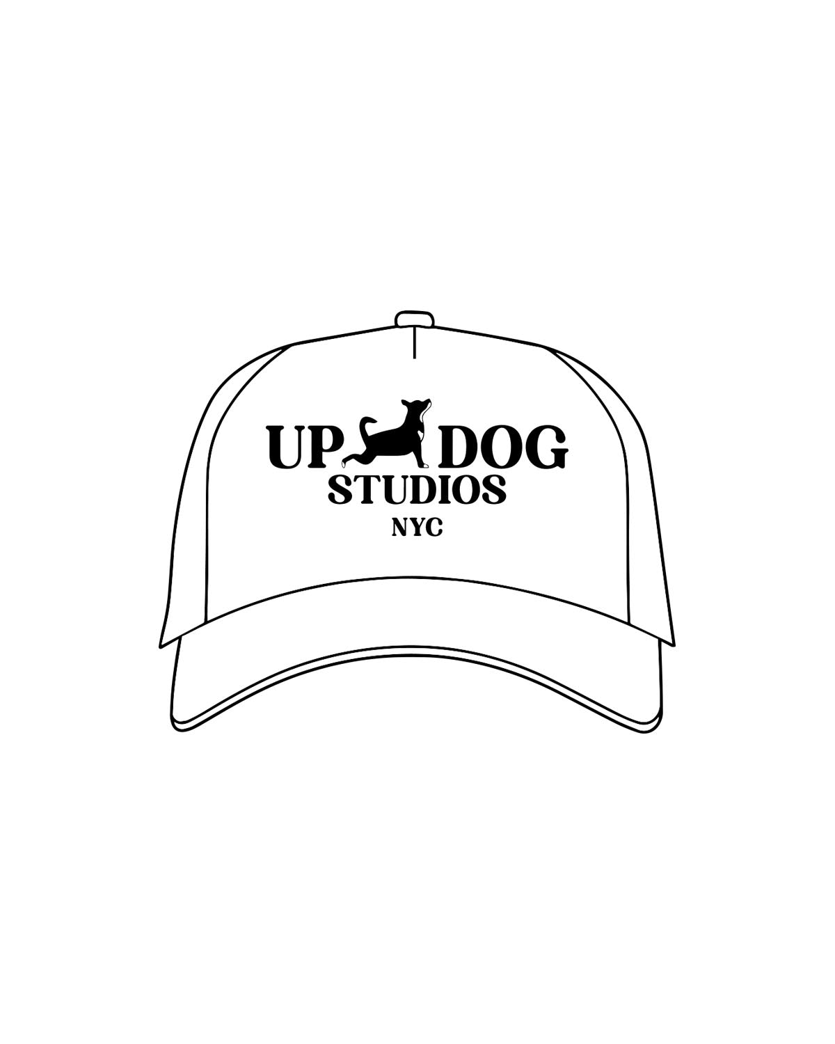 The 5 Panel Trucker Hat - White - Updog Yoga- Center Stacked W/ Dog  - "NYC" -  Embroidered - Black