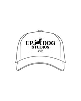 The 5 Panel Trucker Hat - White - Updog Yoga- Center Stacked W/ Dog  - "NYC" -  Embroidered - Black