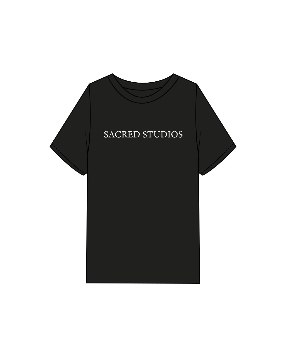 The Mens Heavyweight Tee - Black - Sacred Studios - Center Chest & Back Round - Printed - White