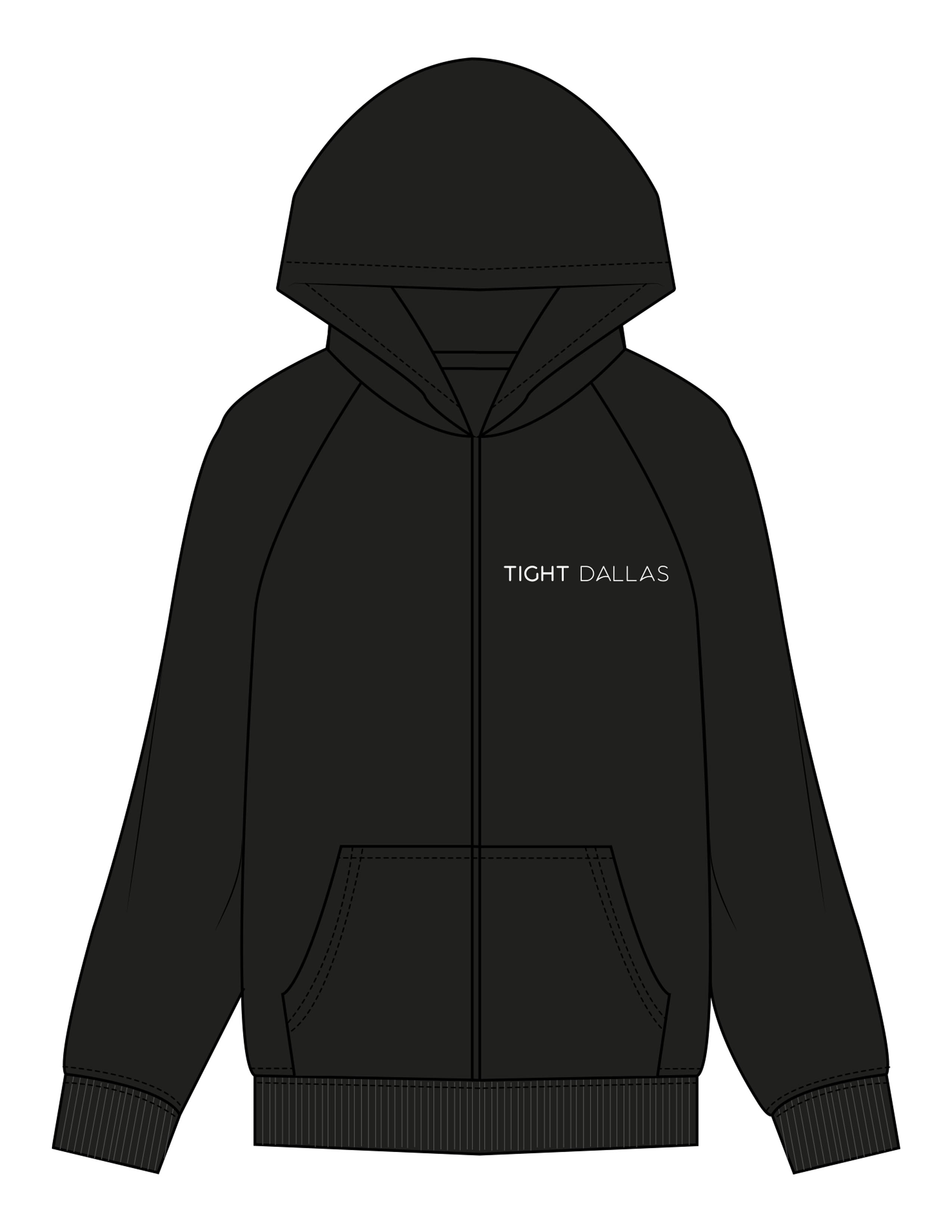 The Mens Zip Hoodie - Black - Tight Dallas - Left Chest & Back Stacked - White