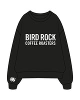 The Mens Crewneck - Black - Bird Rock Coffee - Right Sleeve Bottom & Center Chest Stacked - White