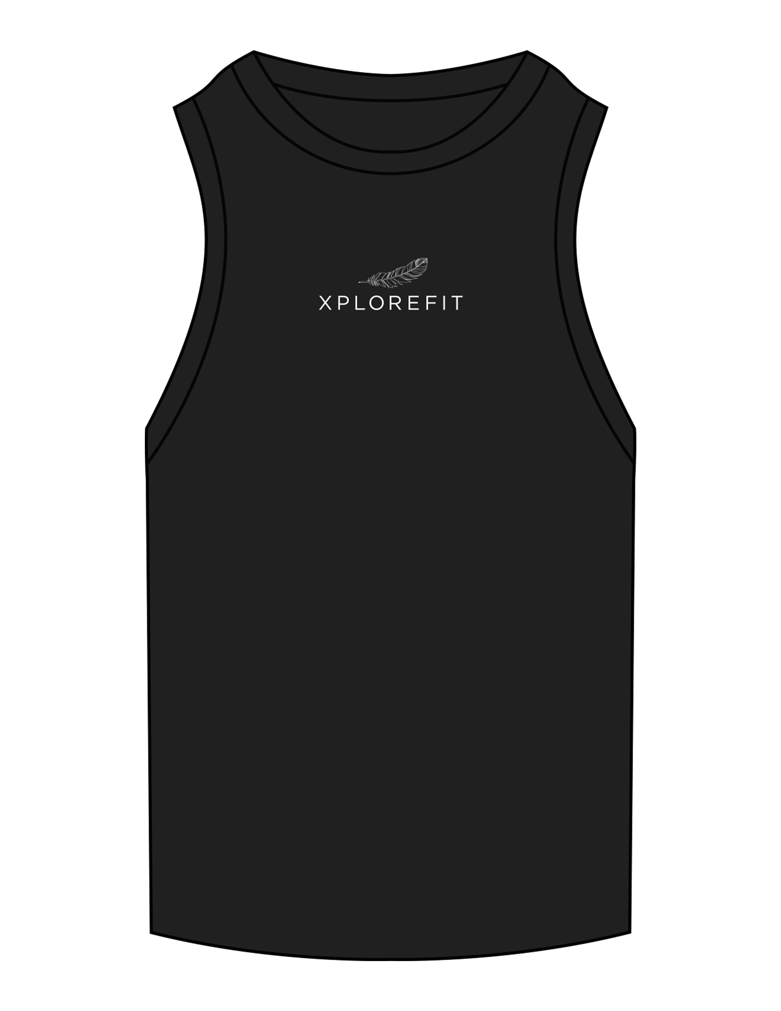 The Ribbed Full Length Tank - Black - XPLOREFIT - Center Chest Stacked - Embroidered - White