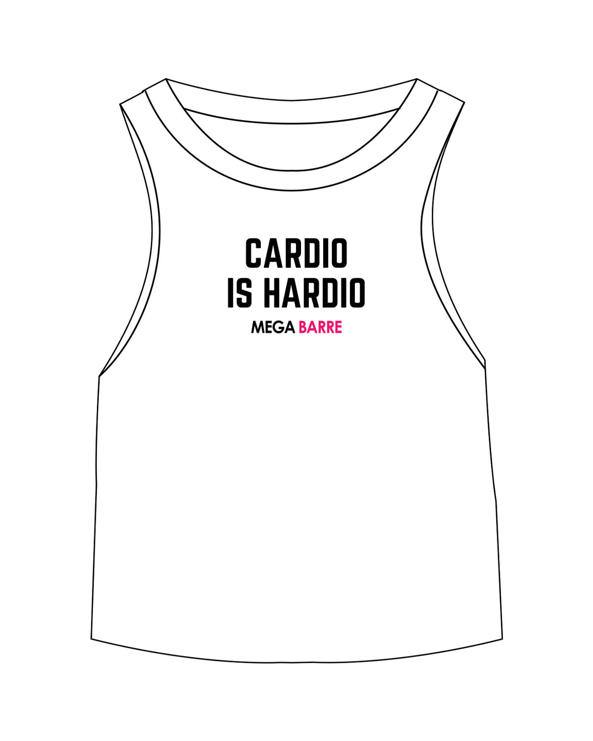 The Micro Rib Racer Crop - White - Megabarre - Center Chest Stacked " CARDIO IS HARDIO" - Printed - Full Color