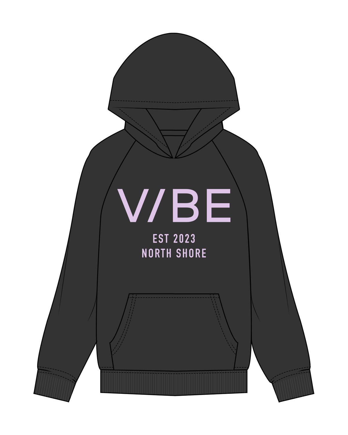 The Womens Hoodie - Washed Black - The Vibe - Center Chest Stacked "2023"- Printed - Lavender
