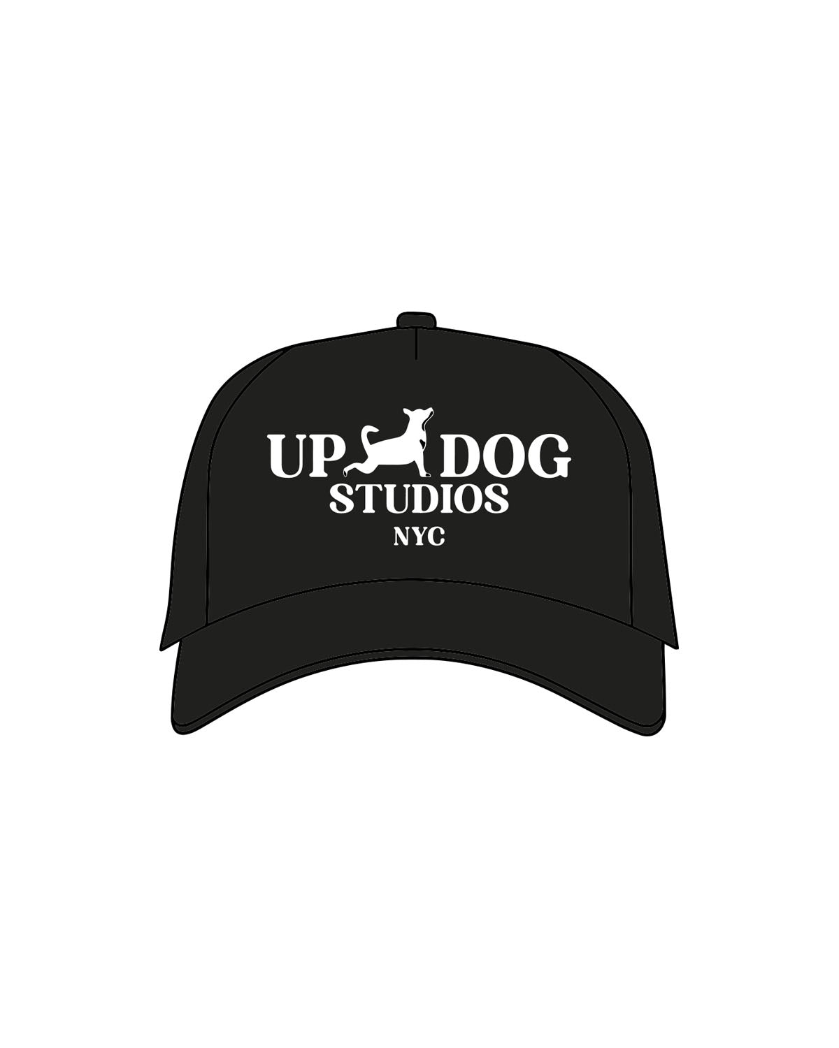 The 5 Panel Trucker Hat - Black - Updog Yoga- Center Stacked W/ Dog  - "NYC" - Embroidered - White - Full Color