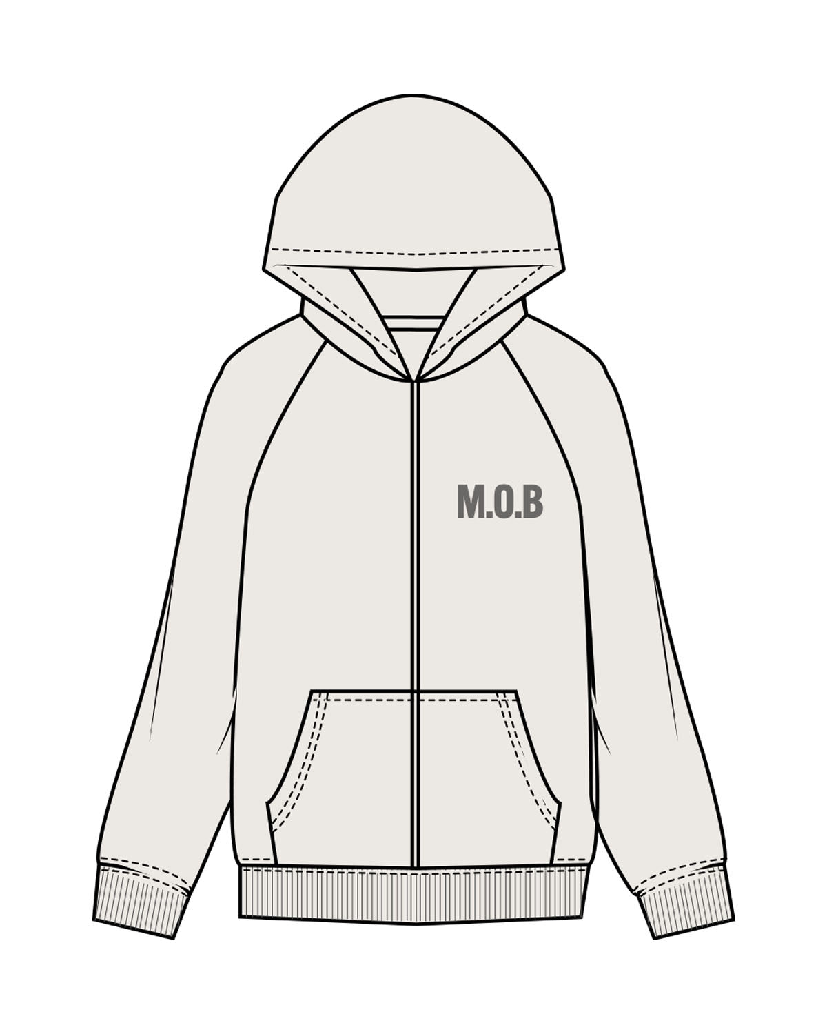 The Mens Heavyweight Zip Hoodie - Bone - MOB - Left Chest, Center Back Stacked & Back Lower Right - Printed - Grey