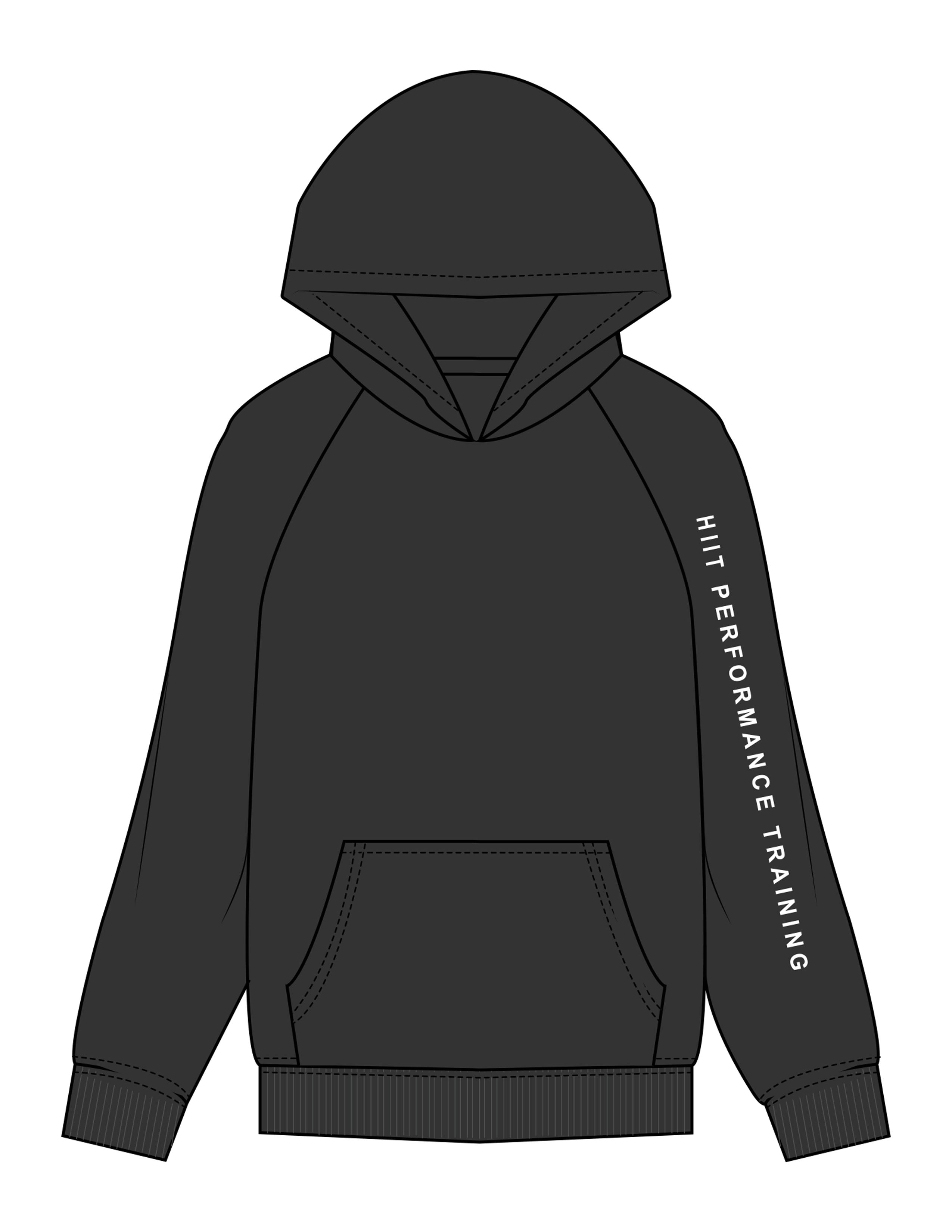 The Womens Hoodie - Washed Black - HIIT Performance - Left Sleeve & Back Image - Printed - White