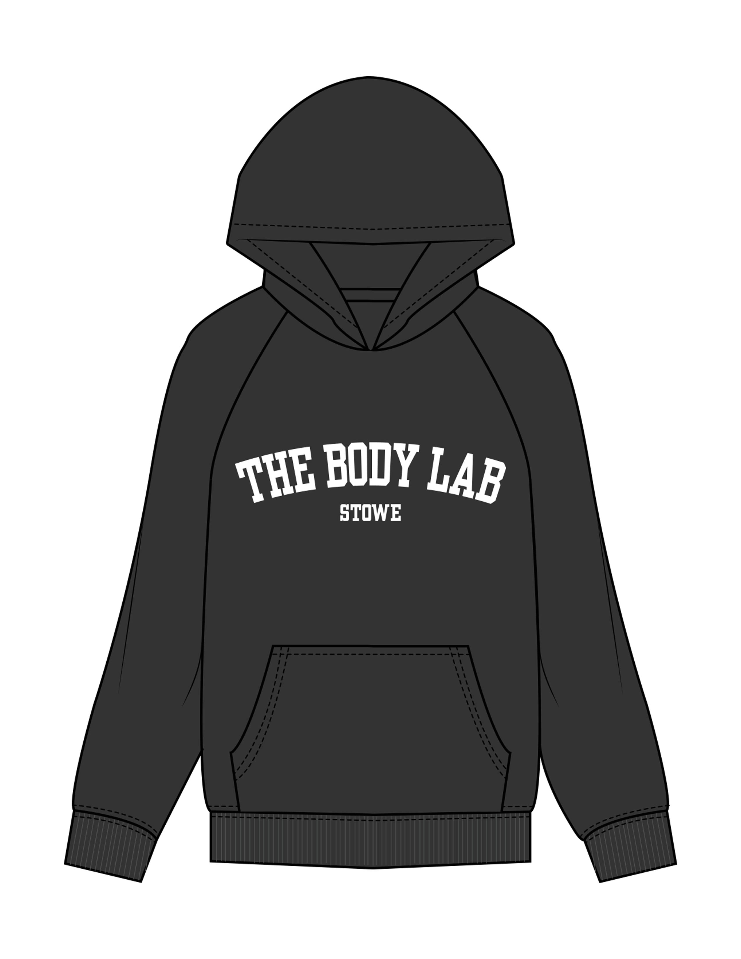 The Womens Hoodie - Washed Black - Body Lab - Center Chest Stacked "05672" - Printed - White