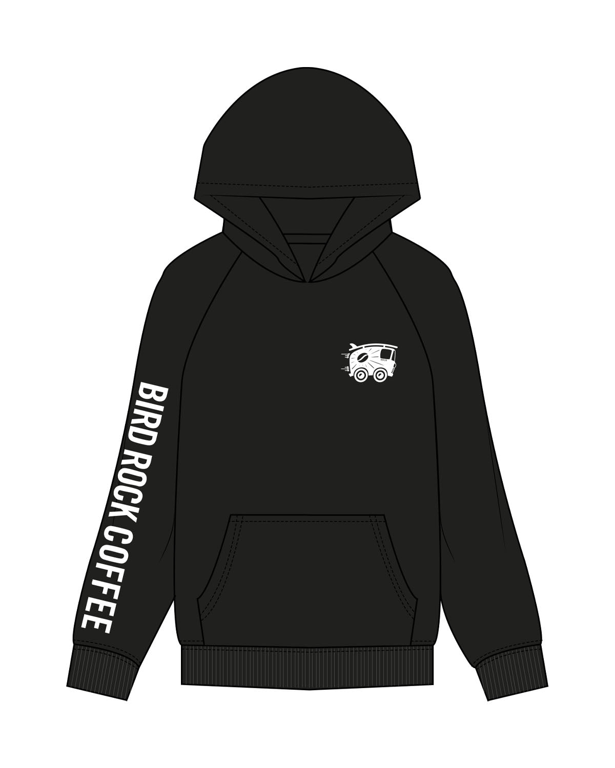 The Mens Hoodie - Black - Bird Rock Coffee - Right Sleeve & Left Chest - White