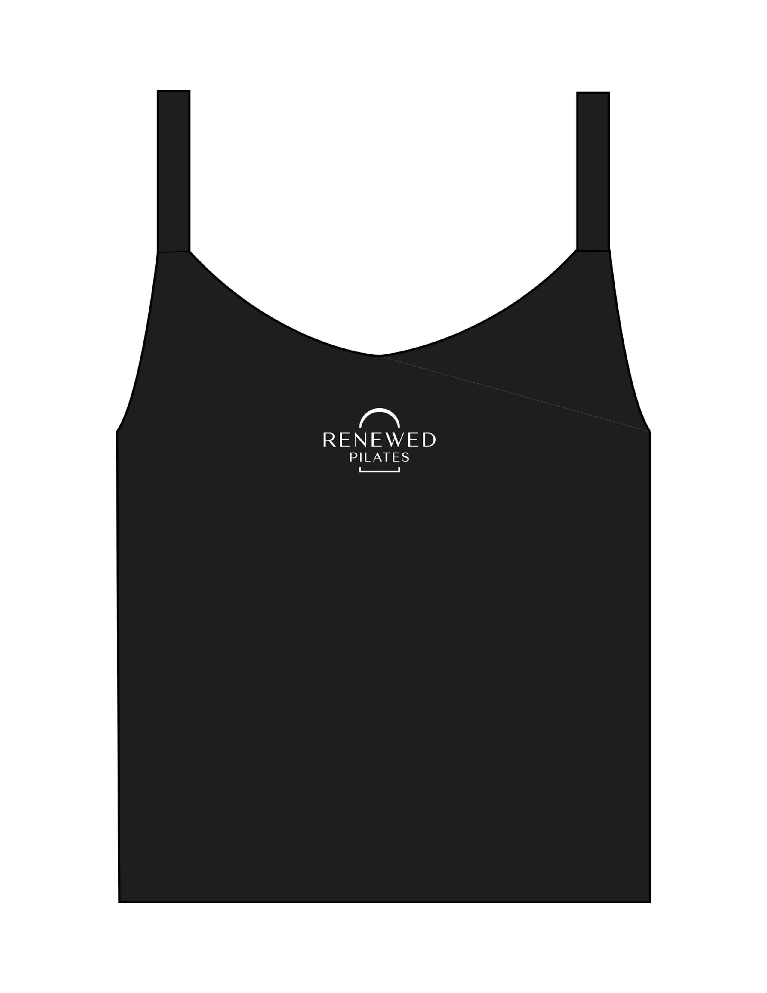 The Micro Rib Strappy Crop Tank - Black - Renewed Pilates - Center Chest Stacked - Printed - White