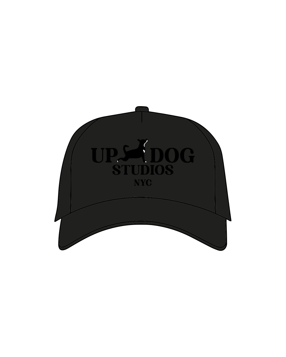 The 5 Panel Trucker Hat - Black - Updog Yoga- Center Stacked W/ Dog  - "NYC" - Embroidered - Full Color
