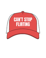 The 5 Panel Trucker Hat - Red / White - Flex & Flirt - Center Crown - Text Stacked - Embroidered - Full Color