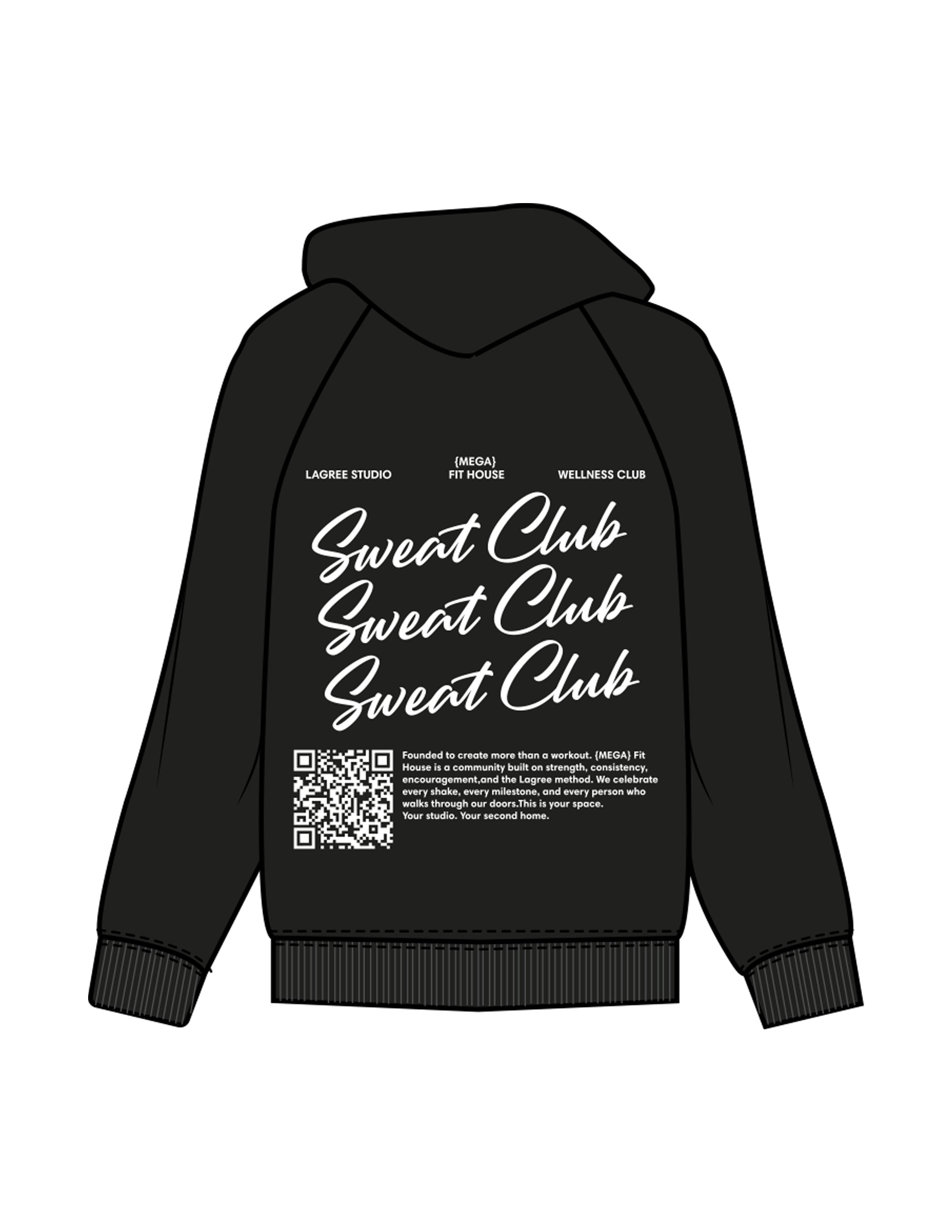 The Womens Hoodie - Black - Mega Fit House - Left Chest Stacked & Back Stacked "SWEAT" - Printed - White