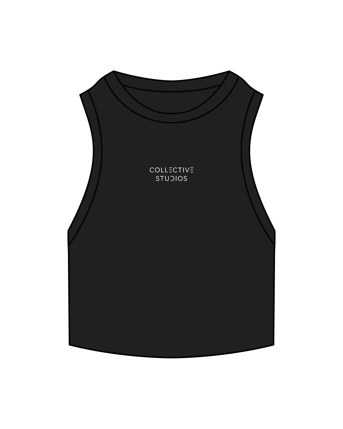 The Ribbed Crop Tank - Black - Collective Studios - Center Chest Stacked - Embroidered - White