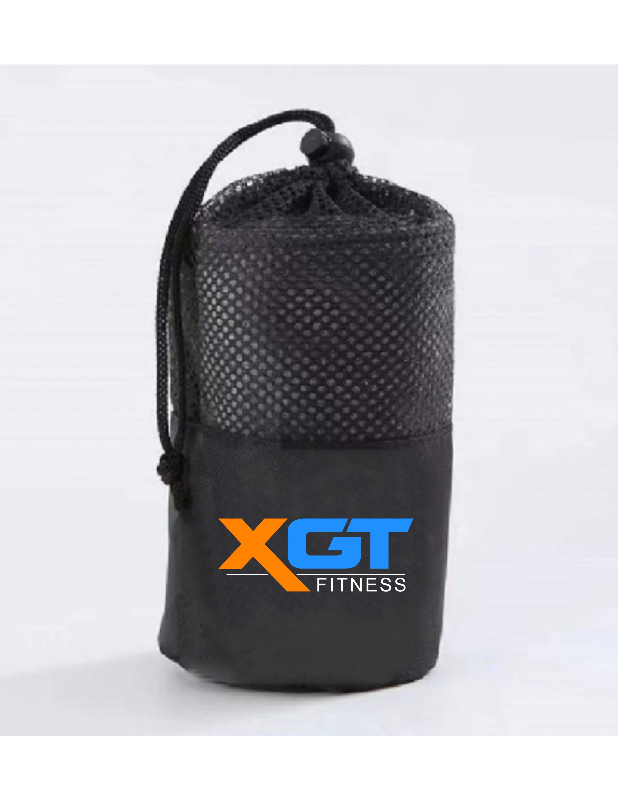 The Gym Towel - Blue - XGT Fitness - Front Bottom - EMB - White - The Gym Towel Bag - Black - Center Body - Printed - Full Color