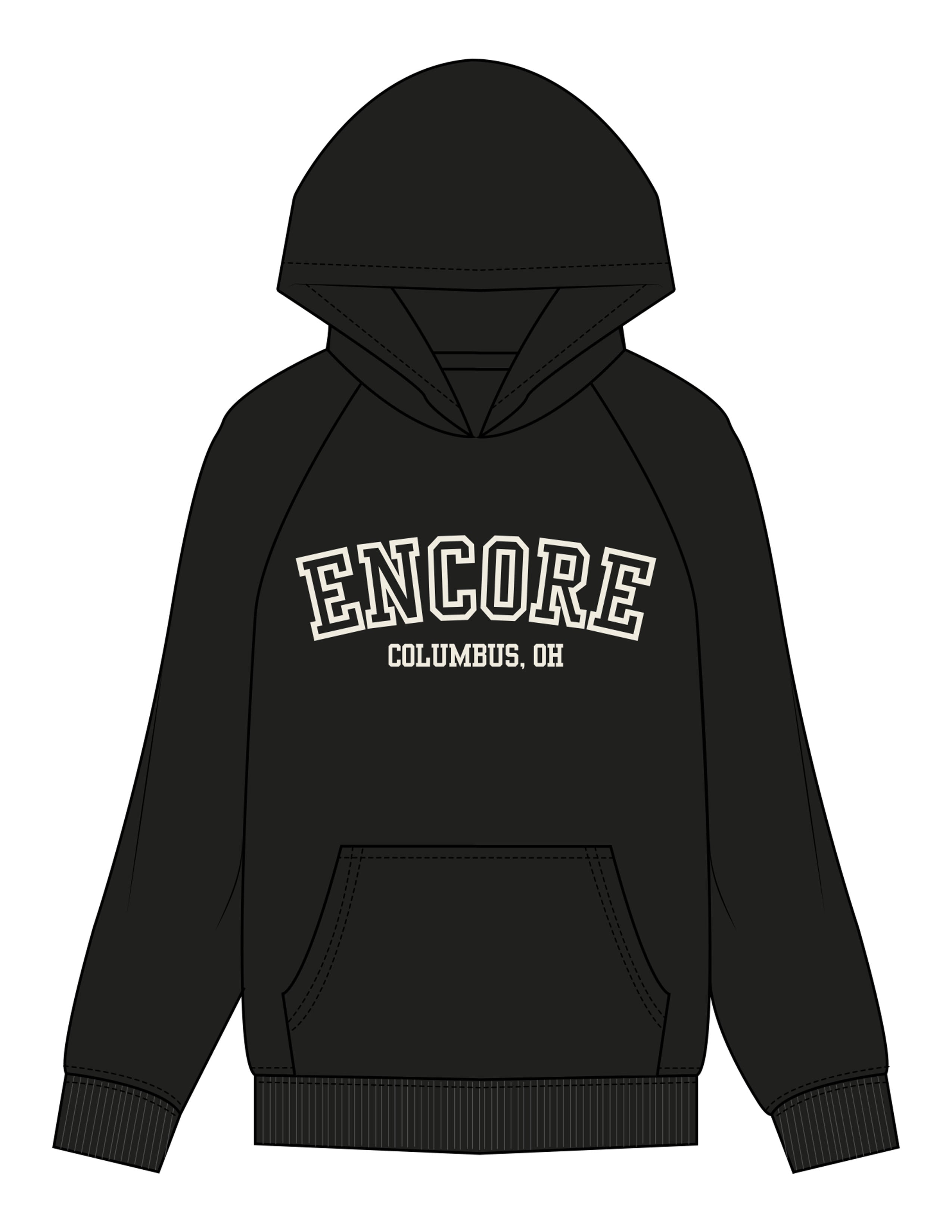 The Womens Hoodie - Black - enCore Pilates - Center Chest Stacked - Printed - Off White