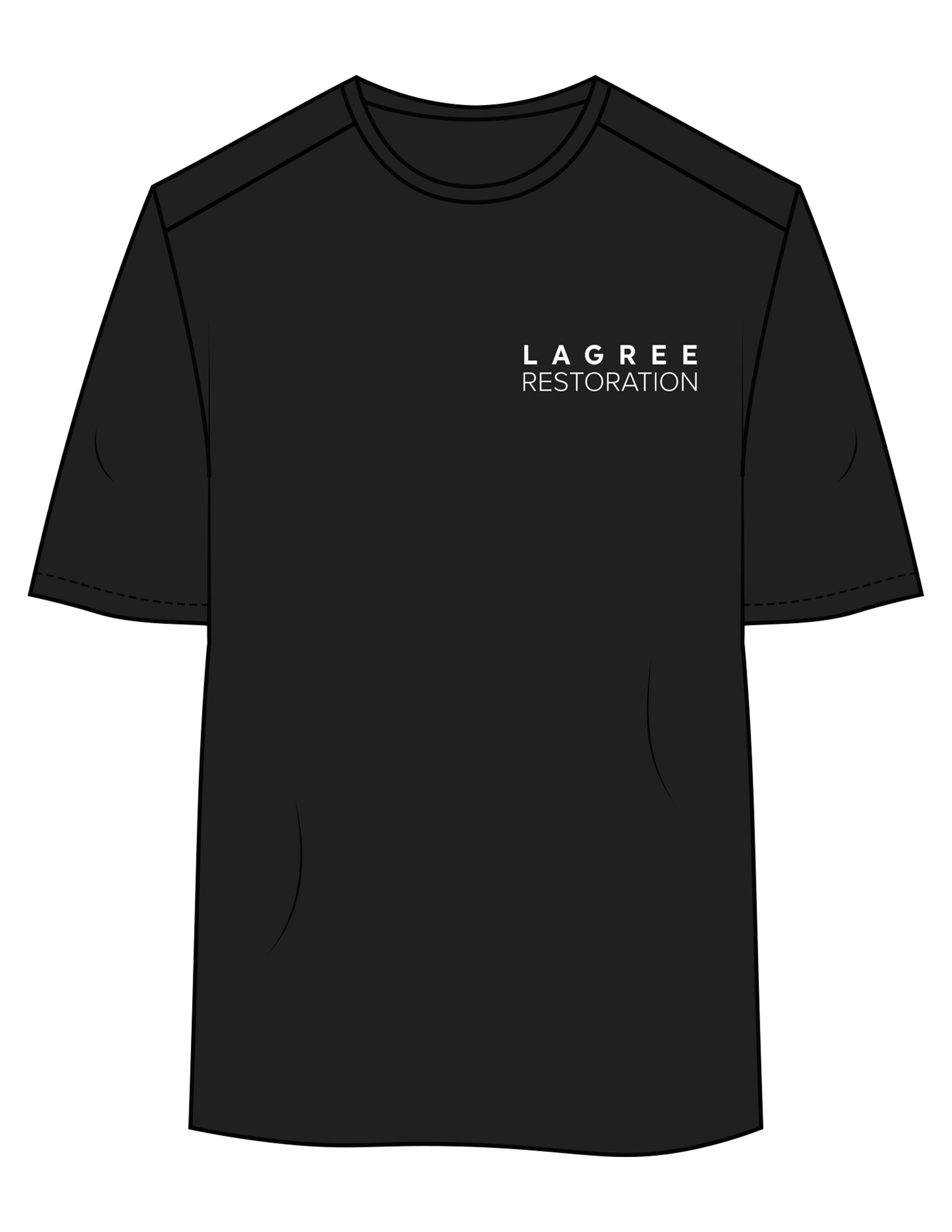 The Mens Active Tee - Black - Lagree Restoration - Left Chest Stacked - Printed - White