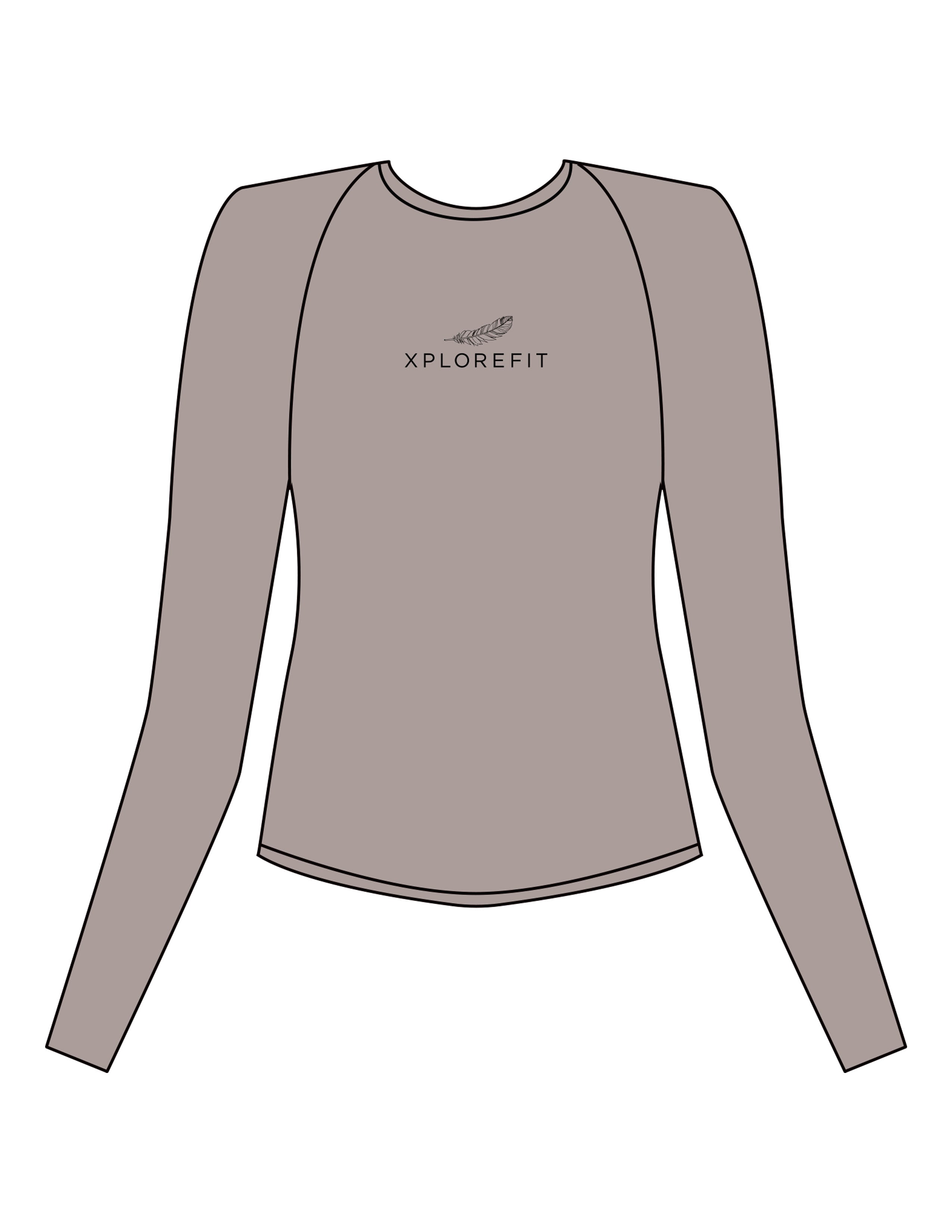The Womens Sporty Long Sleeve - Grey - XPLOREFIT - Center Chest Stacked - Printed - Black
