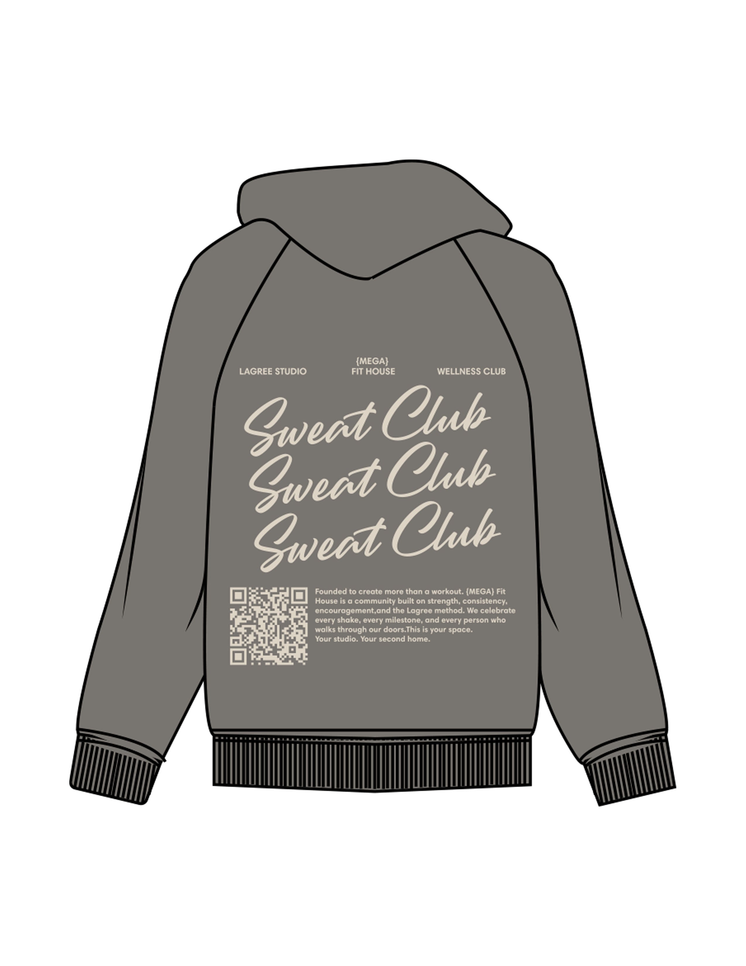 The Womens Hoodie - Washed Gray - Mega Fit House - Left Chest & Back Stacked "SWEAT"   - Printed - Off White