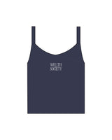 The Micro Rib Strappy Crop Tank - Navy - Wellth Society - Center Chest Stacked - Printed - White