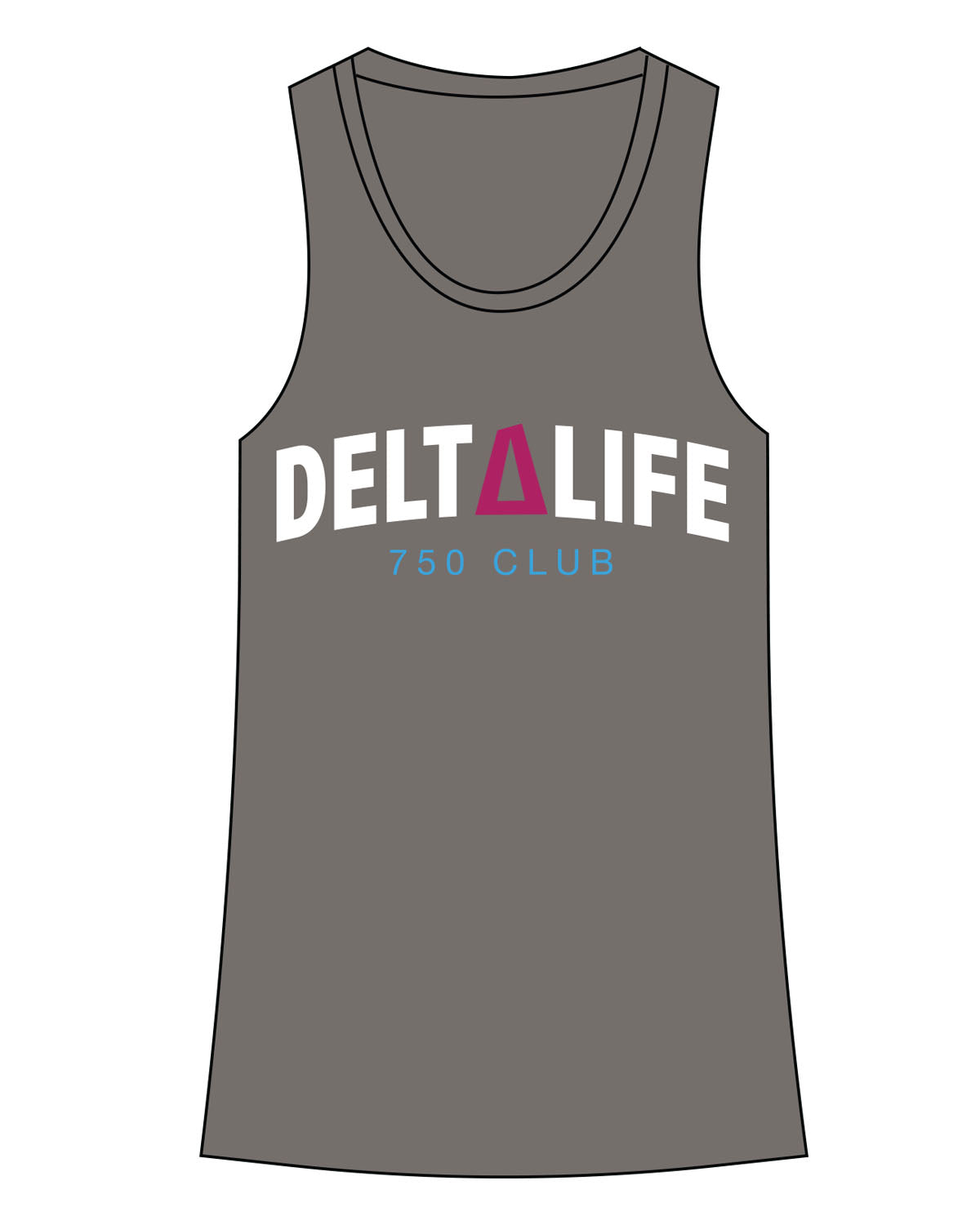 The Womens Full Length Tank - Charcoal - Delta Fitness - Center Chest - 750 Club - Full Color