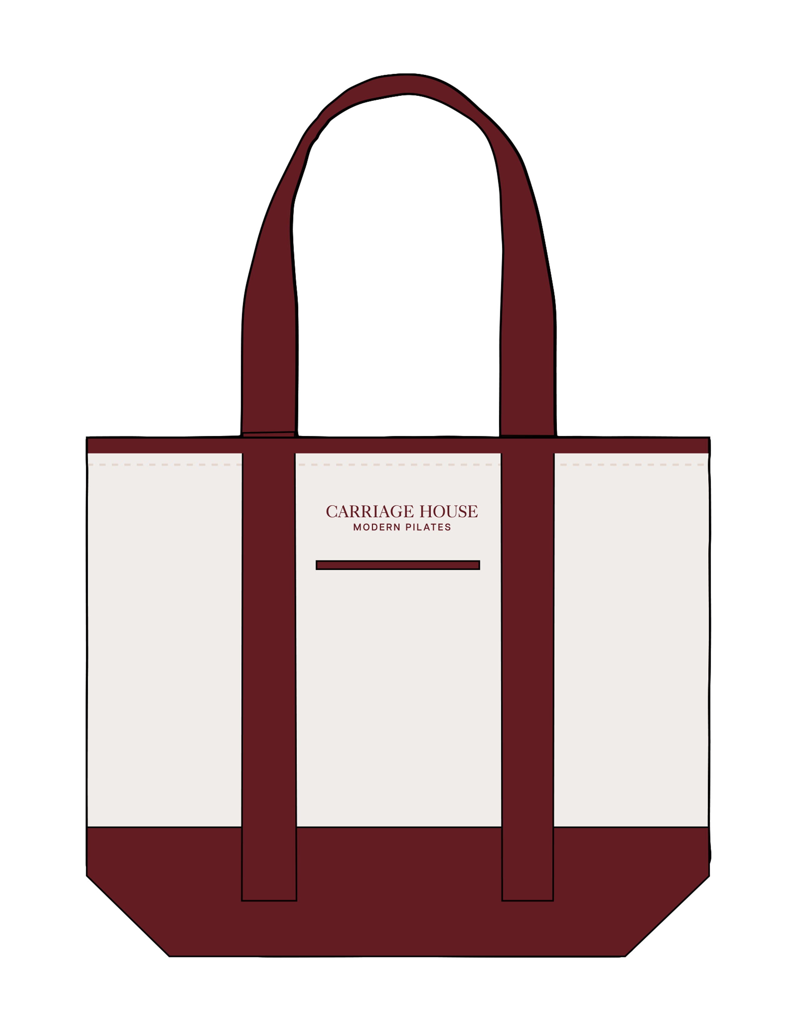 The Contrast Tote Bag - Natural / Maroon - Carriage House - Upper Body Stacked - Embroidered - Maroon