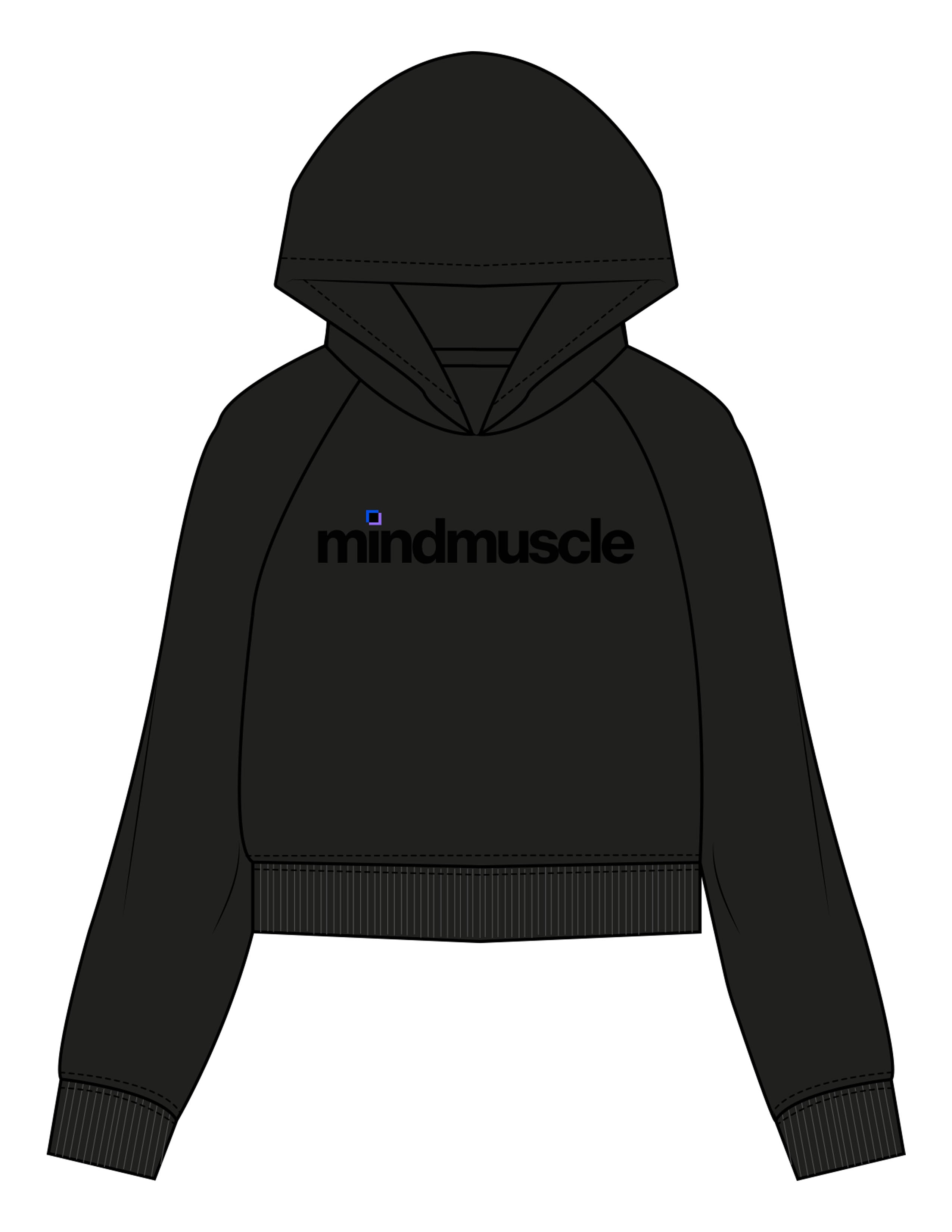 The Womens Crop Hoodie - Black - Mind Muscle - Center Chest - Printed - Full Color