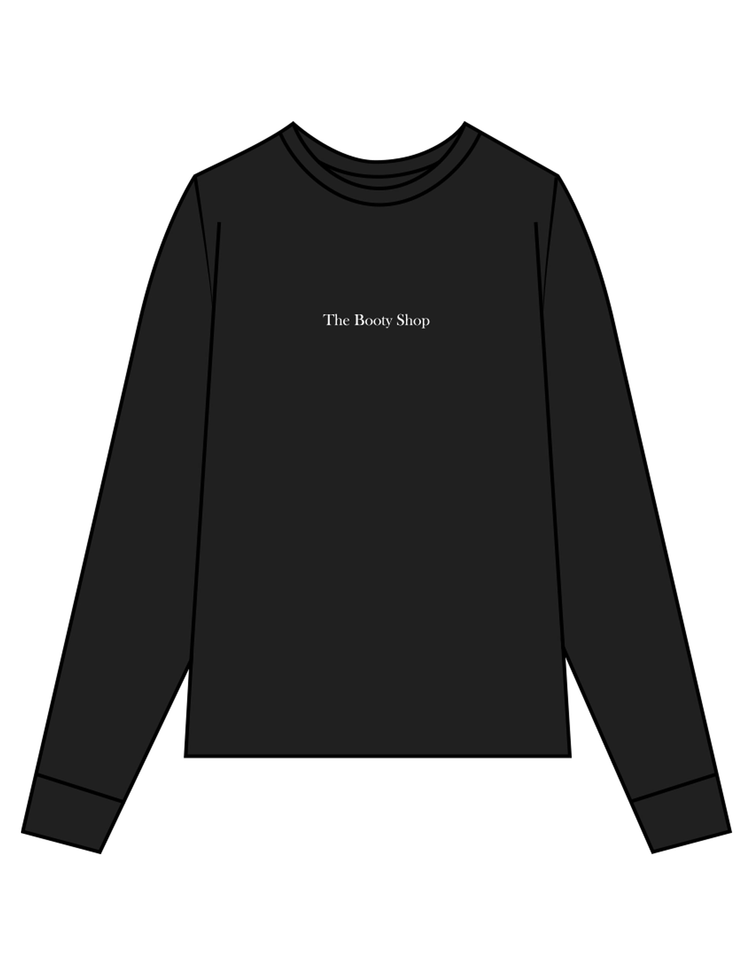 The Unisex Midweight Long Sleeve - Black - The Booty Shop - Center Chest & Back Stacked - Printed - White