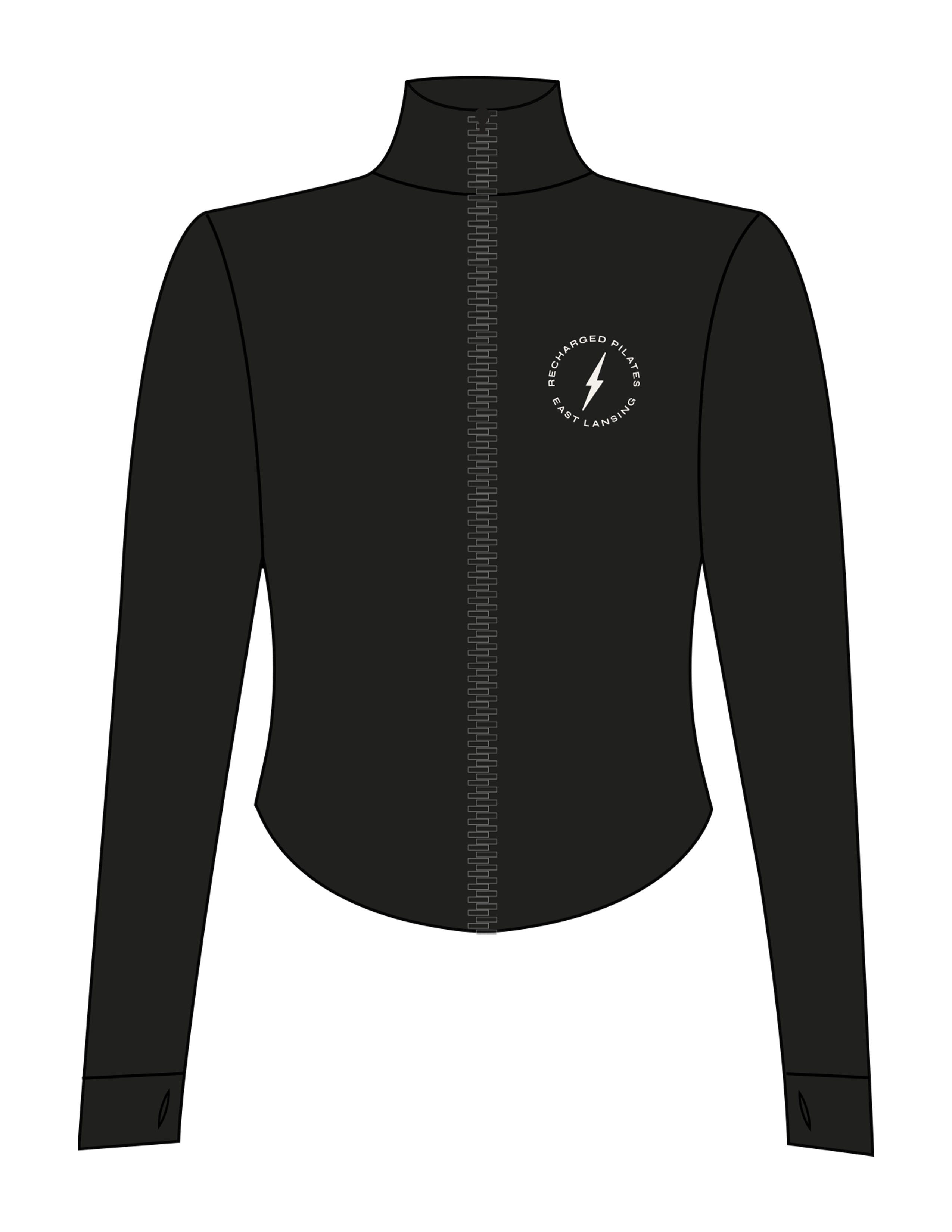 The 3/4 Crop Zip Jacket - Black - RECHARGED PILATES - Left Chest Round - Printed - Sandy White