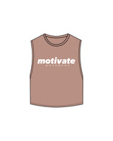 The Crop Muscle Tank - Clay - Motivate Movement - Center Chest Stacked & Back Neckline - Printed - White