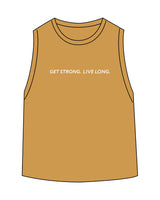 The Daily Crop Tank - Antique Gold - Sweat Circuit - Center Chest - Back Neckline - Printed - Full Color