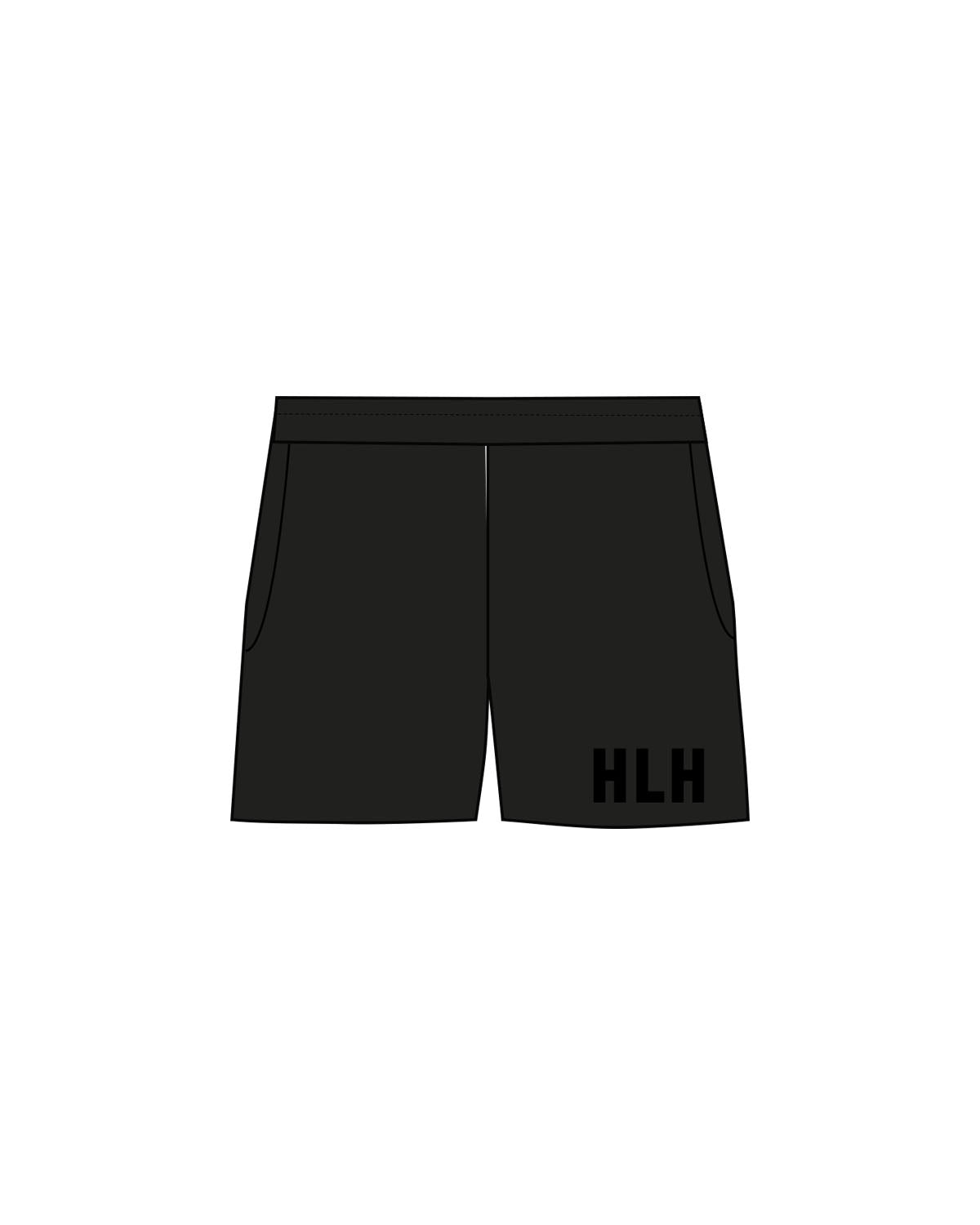 The Womens Sweat Shorts - Black - HiLo - Left Leg "HLH" - Printed - Tone on Tone