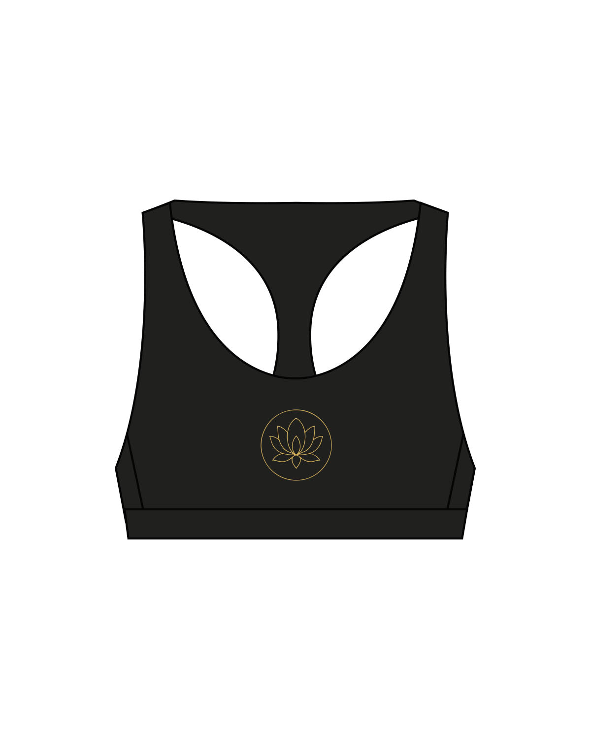 The Racer Bra - Black - Sacred Studios - Center Chest Round - Printed - Gold