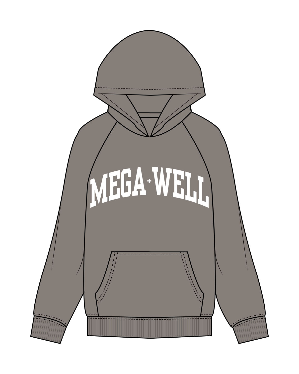 The Mens Hoodie - Washed Gray - Mega Well - Center Arc - Printed - White