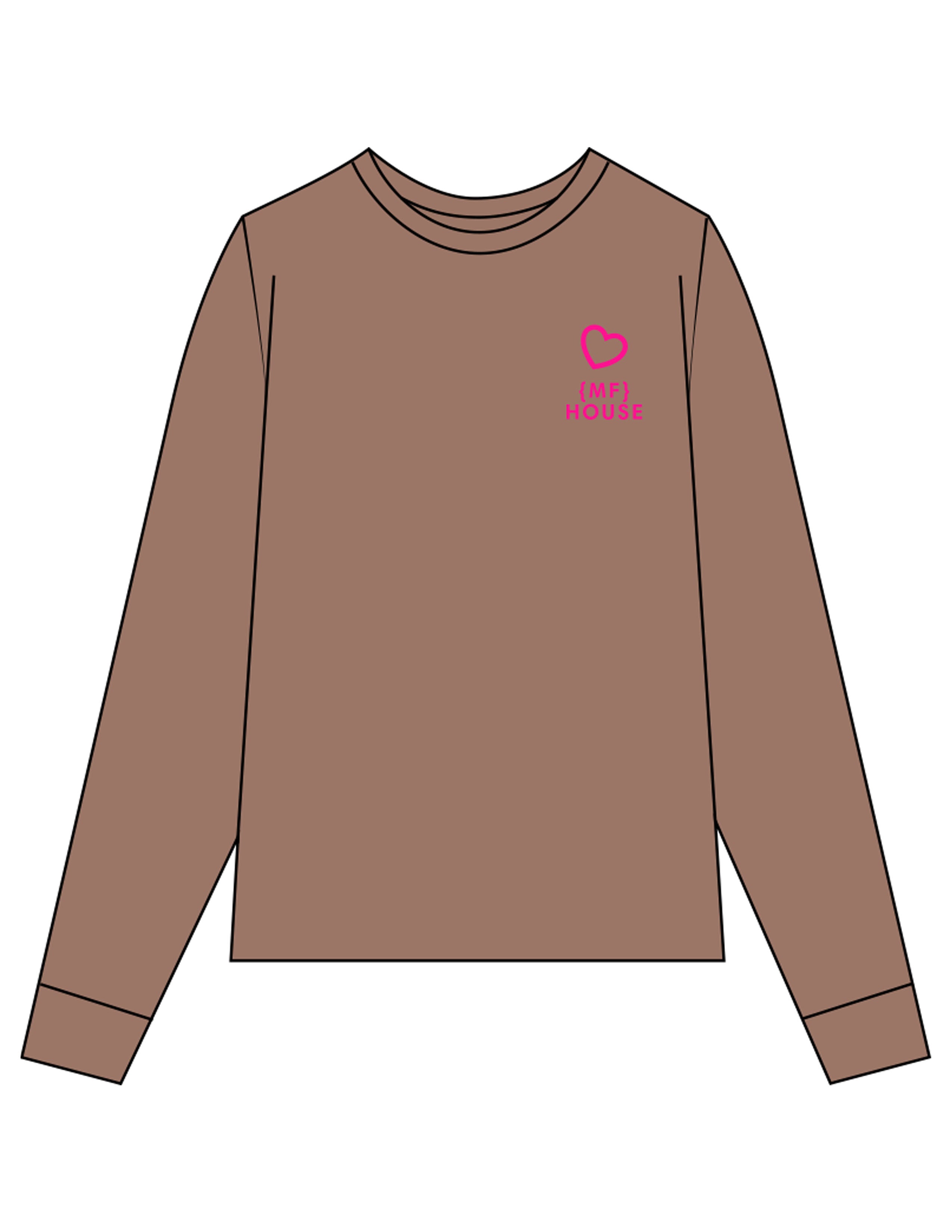 The Unisex Midweight Long Sleeve - Espresso - Mega Fit House - Left Chest & Back Stacked - Printed - Hot Pink