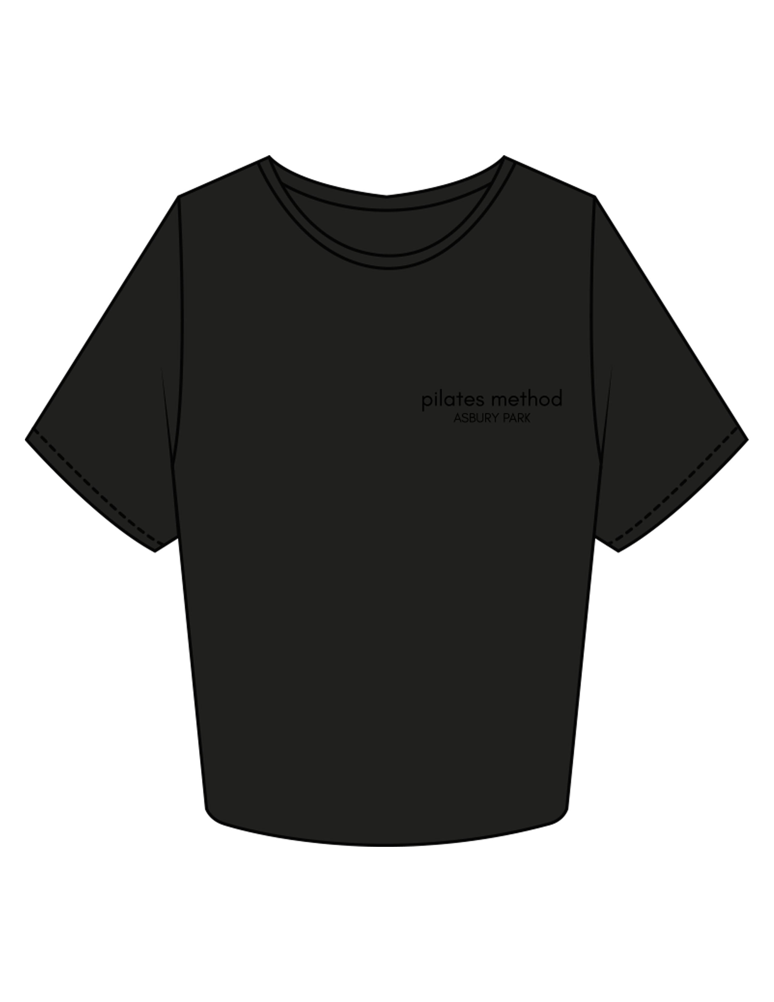 The Crop Tee - Black - Pilates Method/Barre Noir - Left Chest Stacked - Printed - Tone on Tone