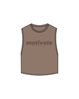 The Crop Muscle Tank - Cacao - Motivate Movement - Center Chest Stacked & Back Neckline - Printed - Tone on Tone