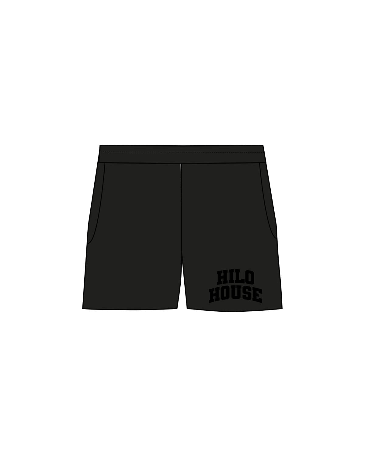 The Womens Sweat Shorts - Black - HiLo - Left Leg Stacked - Printed - Tone on Tone
