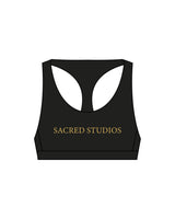 The Racer Bra - Black - Sacred Studios - Center Chest - Printed - Gold