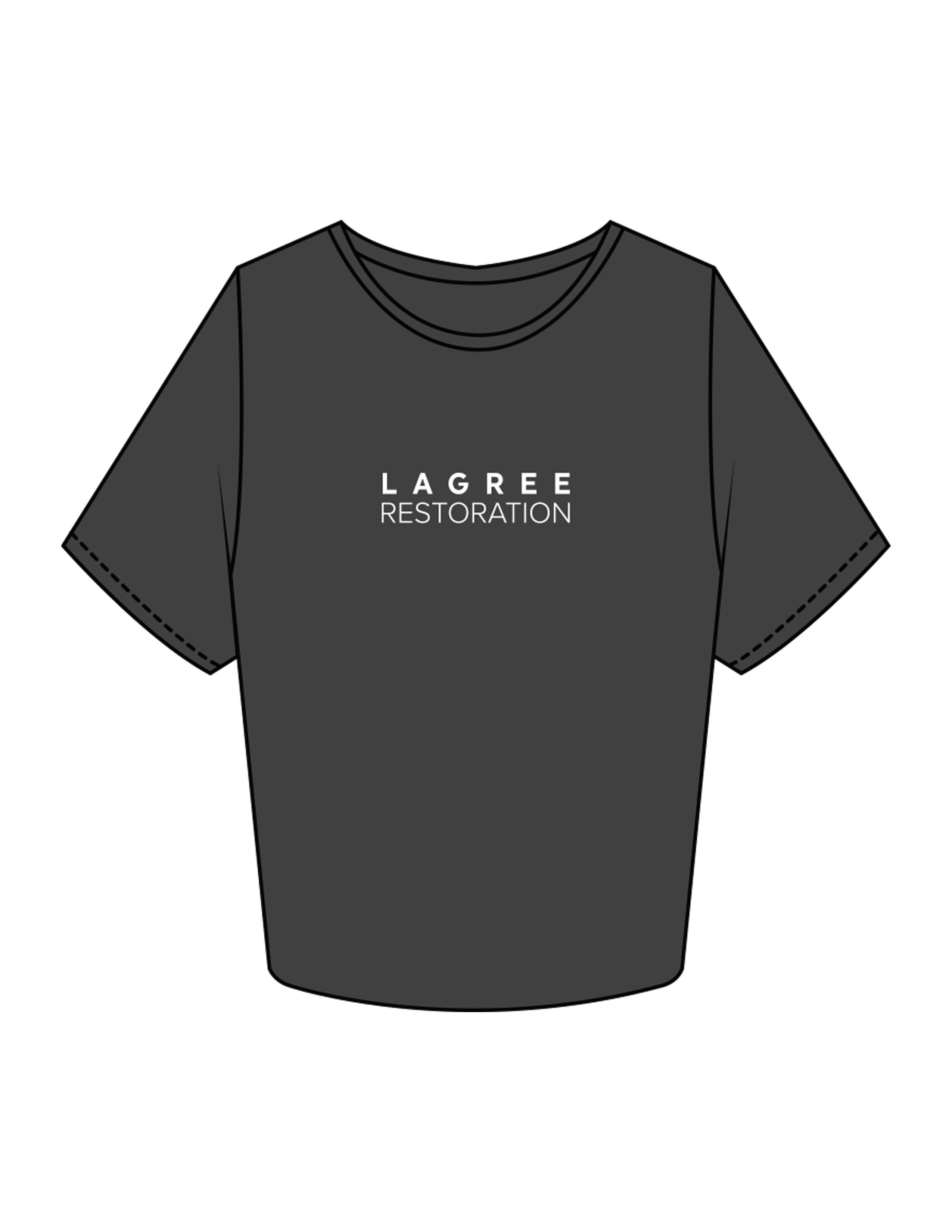 The Crop Tee - Charcoal - Lagree Restoration - Center Chest Stacked - Printed - White