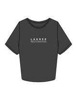 The Crop Tee - Charcoal - Lagree Restoration - Center Chest Stacked - Printed - White