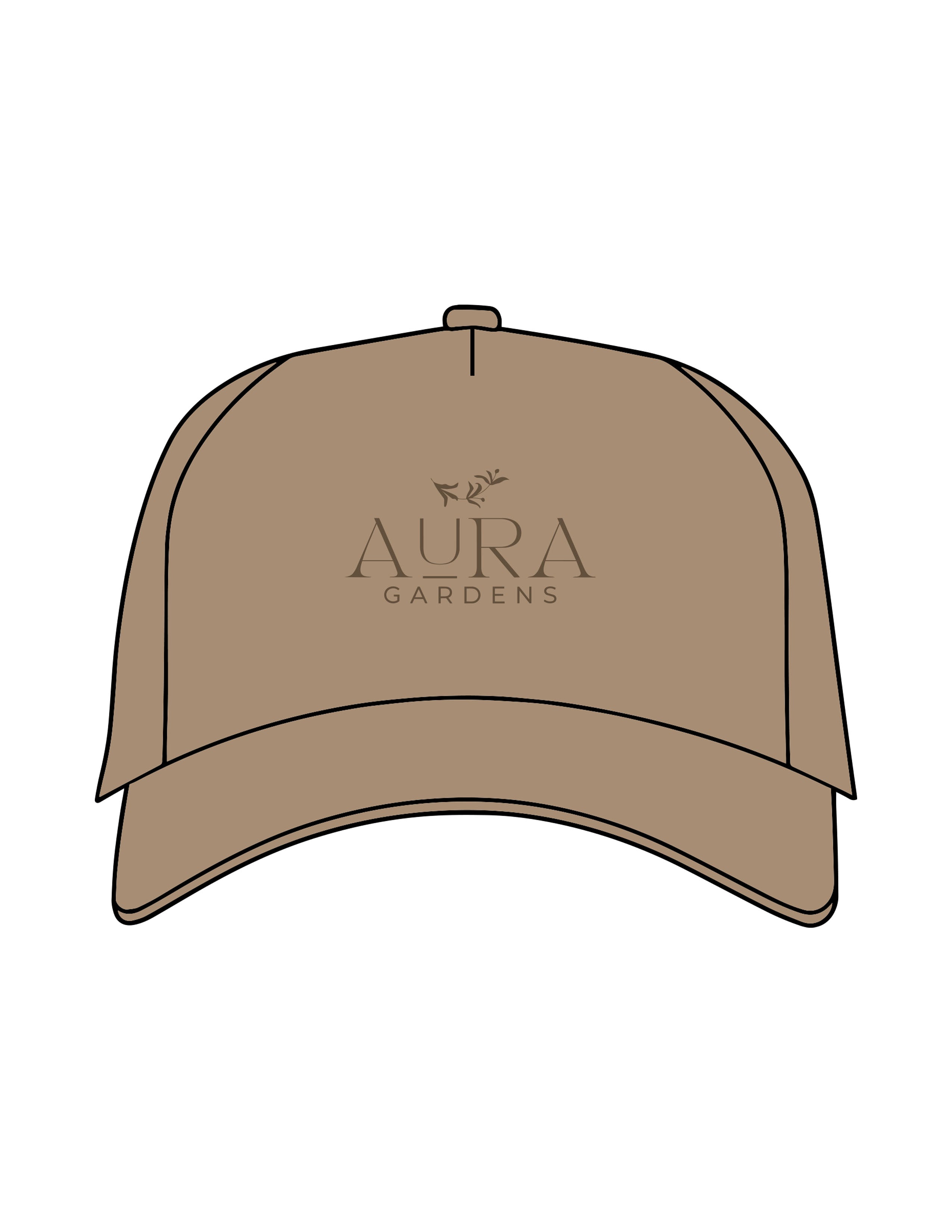 The 5 Panel Trucker Hat - Sand - Aura Gardens - Center Crown Stacked - Embroidered - Tone on Tone