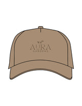 The 5 Panel Trucker Hat - Sand - Aura Gardens - Center Crown Stacked - Embroidered - Tone on Tone