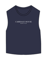 The Micro Rib Basic Crop Tank - Navy - Carriage House - Center Chest Stacked - Printed - White