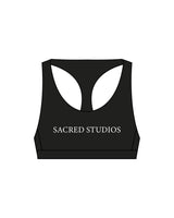 The Racer Bra - Black - Sacred Studios - Center Chest - Printed - White
