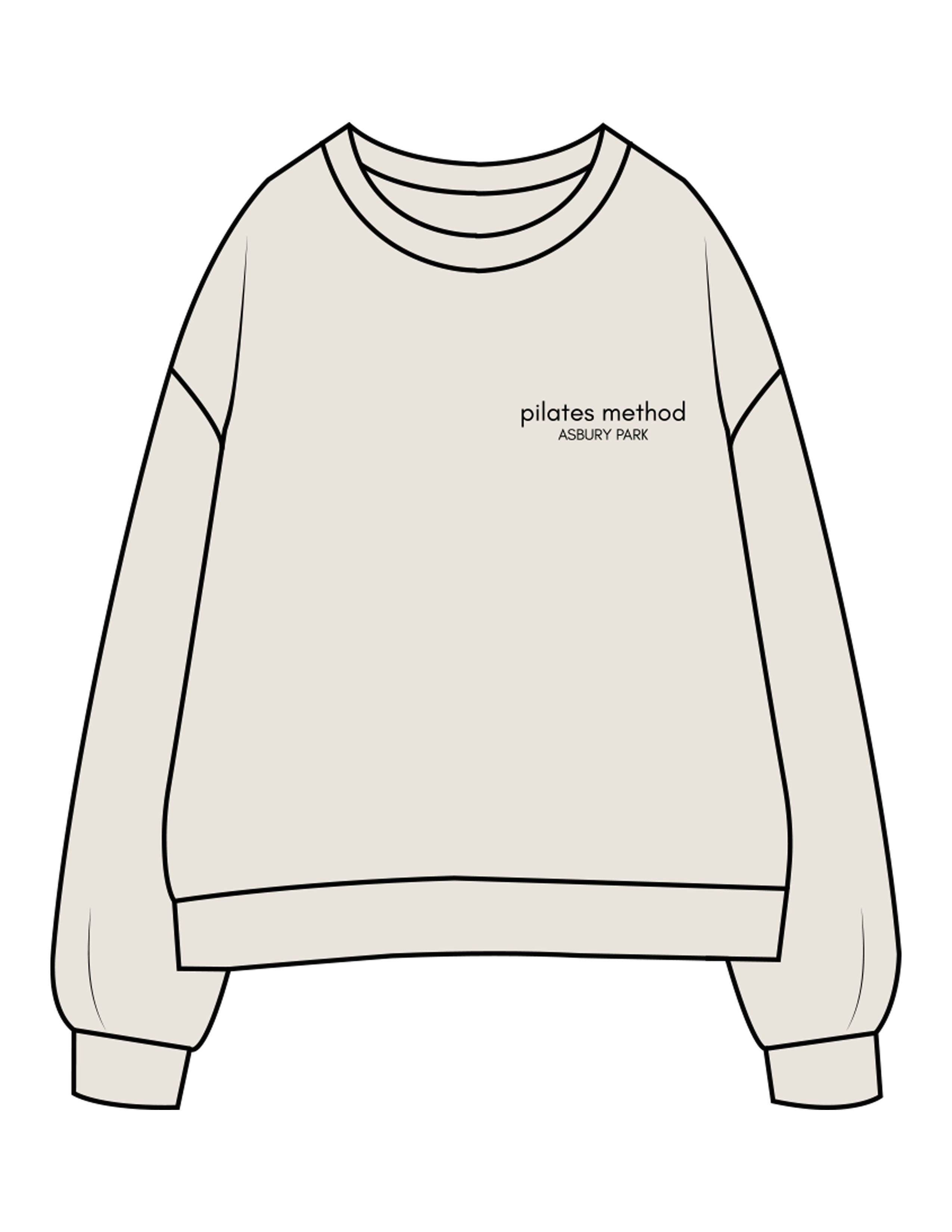 The Womens Crewneck - Off White - Pilates Method/Barre Noir - Left Chest Stacked - Printed - Black