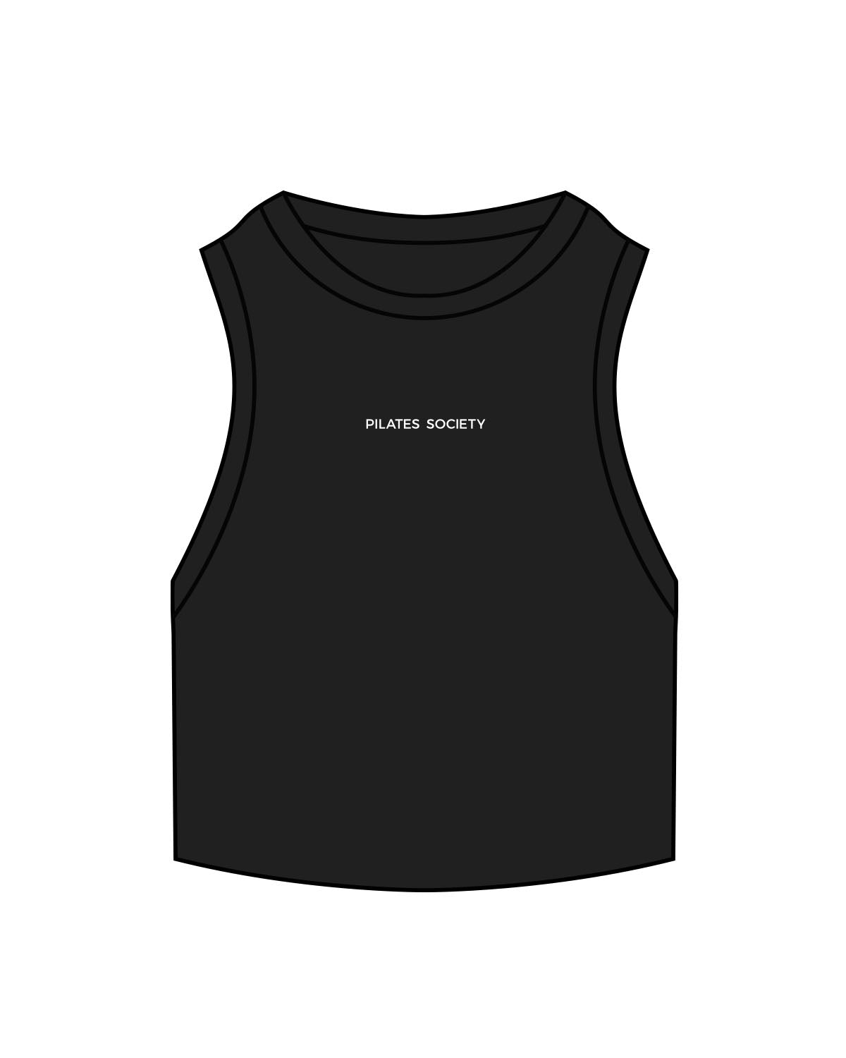 The Ribbed Crop Tank - Black - Pilates Society - Center Chest - Embroidered White